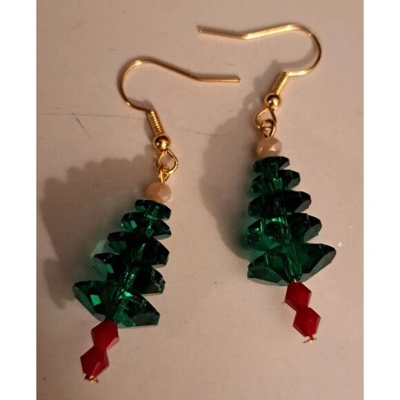 Christmas Tree Earrings 3D Green Holiday 3/4" Long Dangle - Picture 2 of 2
